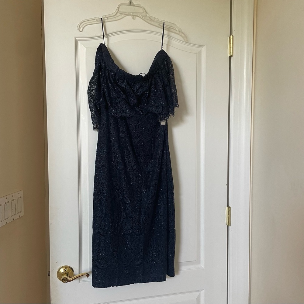 NWT Cachet Navy Blue Off-the-Shoulder Dress Size 10 - Embroidered Lace & Glitter